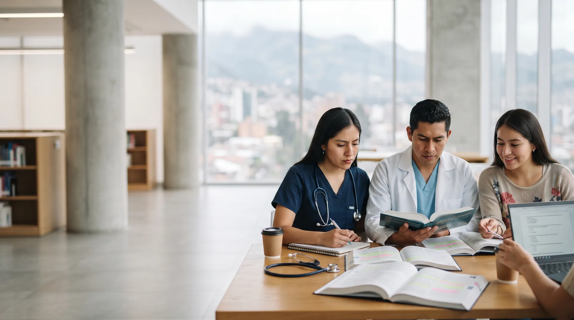 Graduados de Medicina estudiando juntos para el EHEP en una biblioteca con vista a Quito